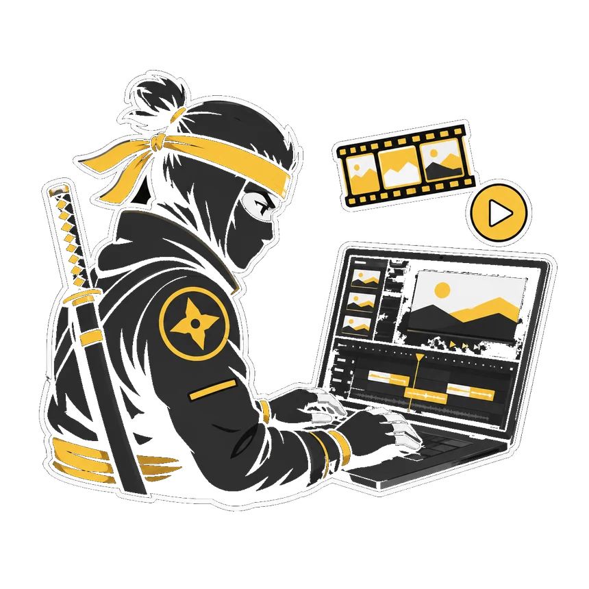Ninja montujący wideo na laptopie